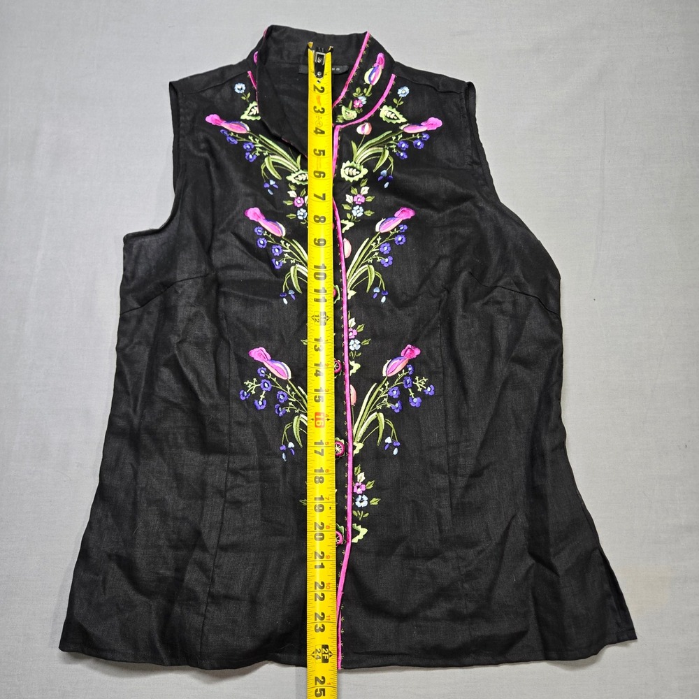 Silkland Black Linen Vest Embroidered Floral Boho Cottagecore Folk Art Vintage - Picture 7 of 7